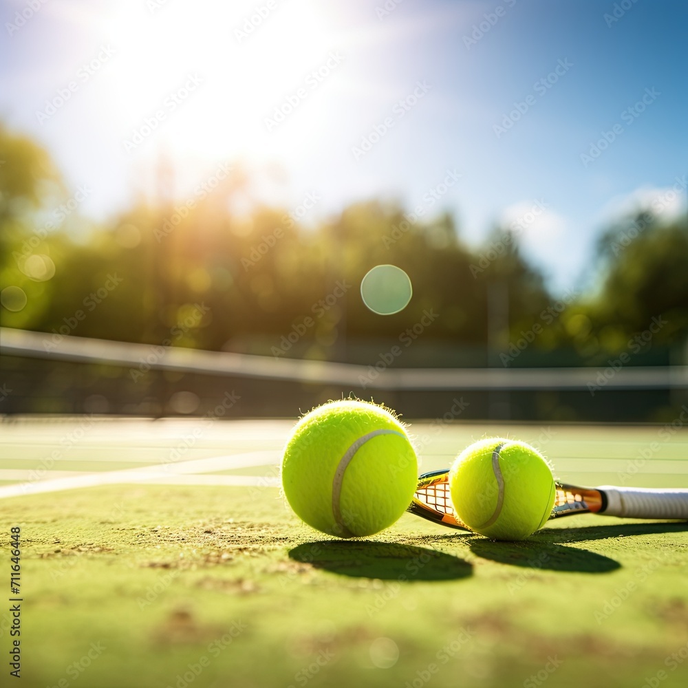 Yellow tennis ball lying on the tennis court in the sunlight flare. Victory achievement concept
