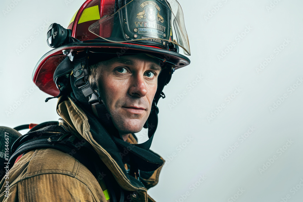 Fireman Wearing Helmet and Holding Fire Hose in Action