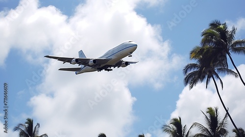 An Airbus A380 plane takes off among the clouds against a background of blue sky with palm trees and the ocean coast.