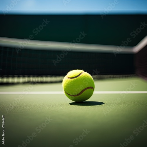 Yellow tennis ball lying on the tennis court in the sunlight flare. Victory achievement concept  © DMM