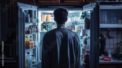 A hungry man looks into the refrigerator at night.