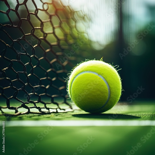 Yellow tennis ball lying on the tennis court in the sunlight flare. Victory achievement concept  © DMM