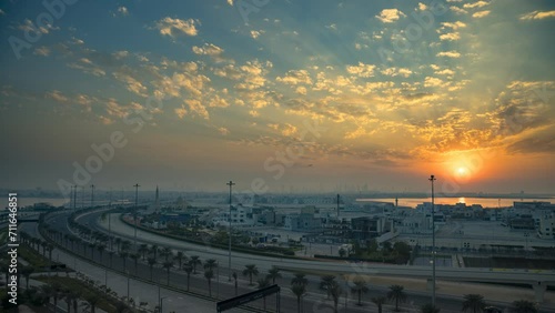Timelapse of a dramatic sunset over Al-Muharraq Island in Bahrain, with street traffic and Manama downtown in the distance. 4K UHD video. photo