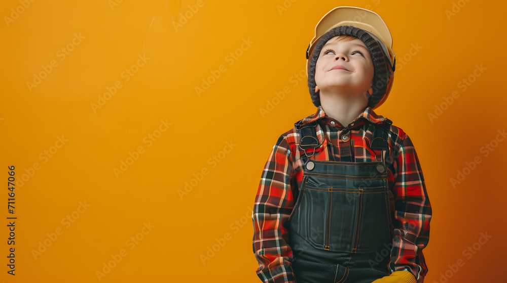 Portrait of cute child builder wear a helme and work wear Portrait of cute child builder wear a helme and work wear
