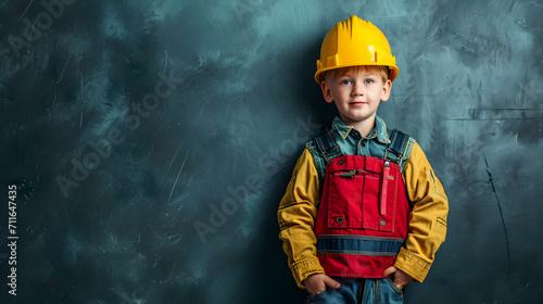 Portrait of cute child builder wear a helme and work wear