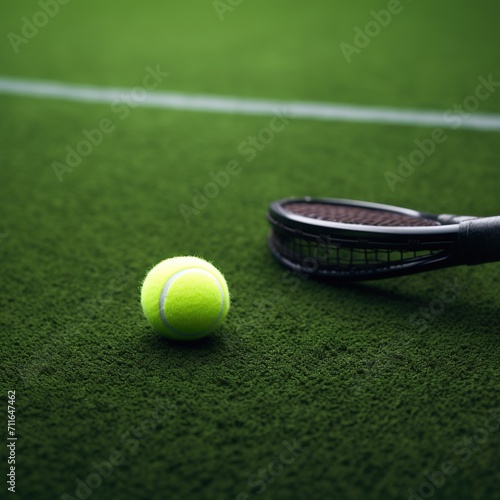 Close up of tennis equipment on the court. Sport  recreation concept. Yellow tennis balls in motion on a clay green blue court next to the white line with copy space  soft focus and net in background.