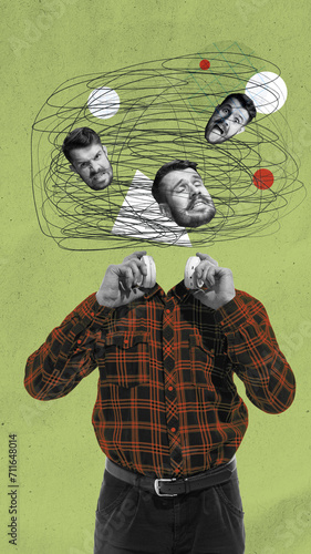 Illustration for article on dissociative identity disorder, representing multiplicity of self. Man with multiple heads in a chaotic swirl above his body, symbolizing confusion or varied mental states