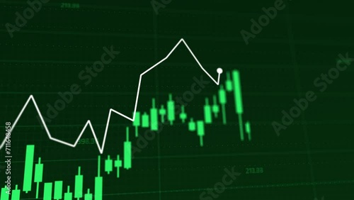 A dynamic representation of a rising stock, cryptocurrency, or forex market. The financial chart is illustrated with vivid green candlestick graphs against a sleek dark background.  photo