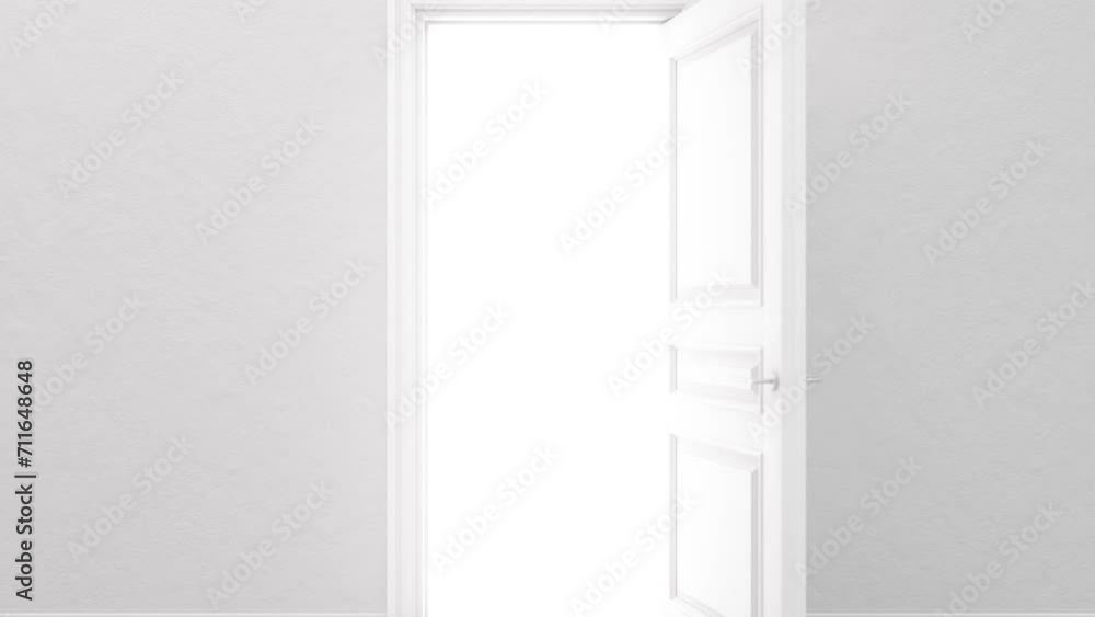 White door in a bright room. The door opens filling with bright light. Door to the universe. Room with white textured floor. Entrance or exit, way out concept. Forward movement. 3D animation, 4K White door in a bright room. The door opens filling with bright light. Door to the universe. Room with white textured floor. Entrance or exit, way out concept. Forward movement. 3D animation, 4K