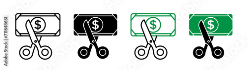 Financial Savings Line Icon. Cost reduction and budget cut icon in black and white color. photo