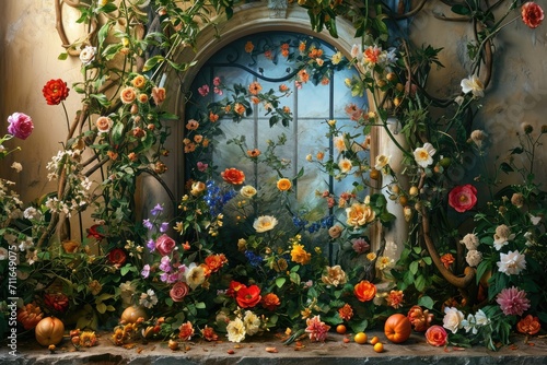 beautiful and enchanting scene of a stone window surrounded by an abundance of colorful flowers and greenery