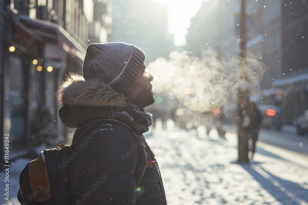 .On a winter street, a bundled-up man exhales steam, his breath visible in the cold air, creating a captivating and atmospheric scene of urban chill. .On a winter street, a bundled-up man exhales steam, his breath visible in the cold air, creating a captivating and atmospheric scene of urban chill.