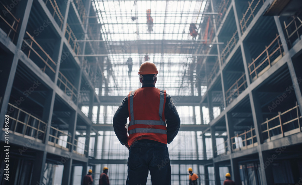 Engineer Technician Supervises Workers on Steel Platform in Unfinished Construction Project Engineer Technician Supervises Workers on Steel Platform in Unfinished Construction Project