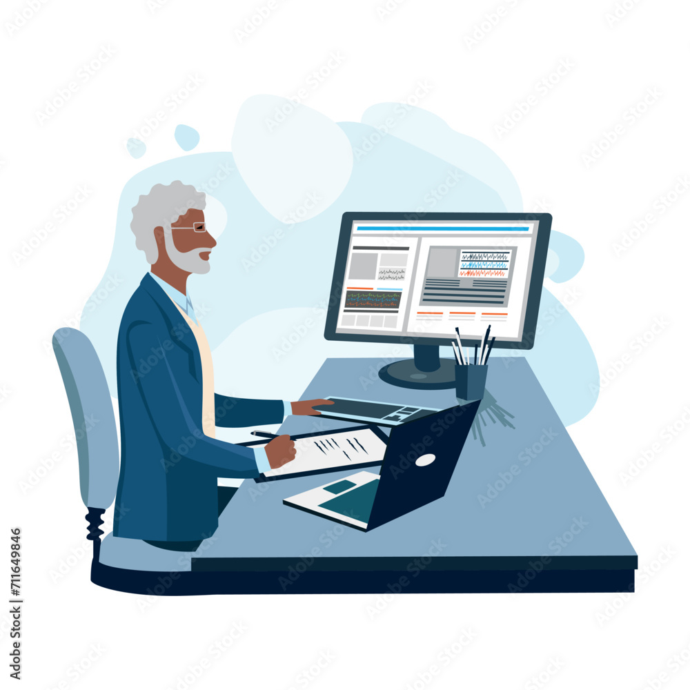 An elderly business man works at a laptop. An elderly man is using a laptop for business, training, education or video call. Vector illustration in flat style. An elderly business man works at a laptop. An elderly man is using a laptop for business, training, education or video call. Vector illustration in flat style.