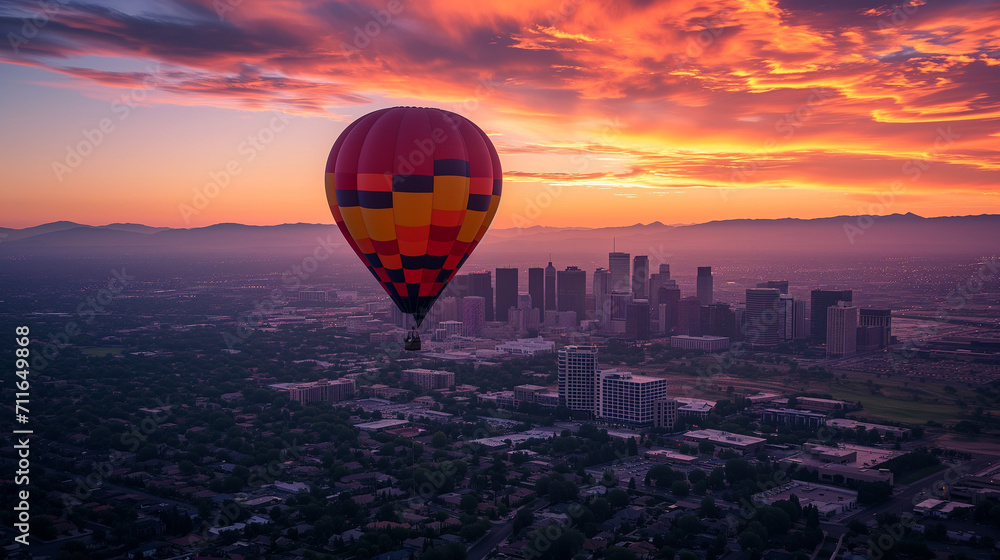 Hot Air Balloon Soars Over City at Sunset