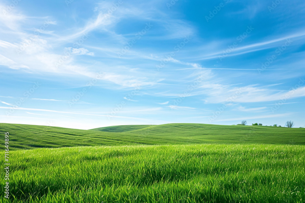 Lush green hill under a clear blue sky with white clouds