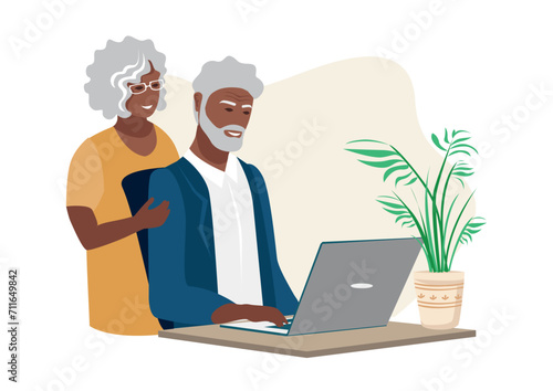 An elderly couple is using a laptop at home. An elderly couple is sitting at a laptop for business, training, education or video call. Vector illustration in flat style.