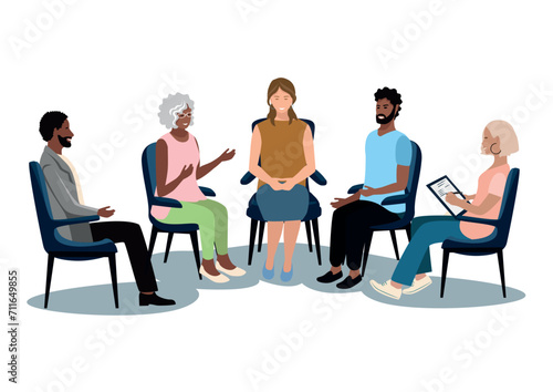 Men and women of different nationalities and ages sit in group therapy with a psychologist. Vector illustration in flat style on a white background.