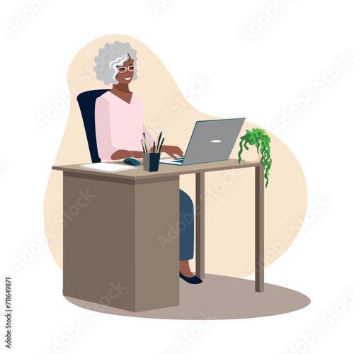 An elderly business woman works at a laptop. An elderly woman uses a laptop for business, training, education or video call. Vector illustration in flat style.