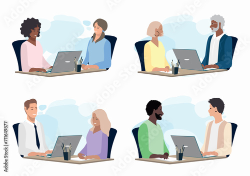 Interview. Friendly employer and job seeker. Men and women of different ages and nationalities at an interview in the office. Set of business vector illustration in flat style.