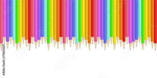 Realistic pencils border. Drawing crayons in a line. Vector illustration isolated on white background