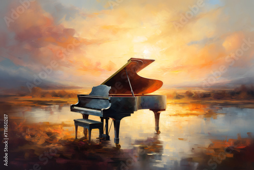 Celestial piano. Oil painting in impressionism style.
