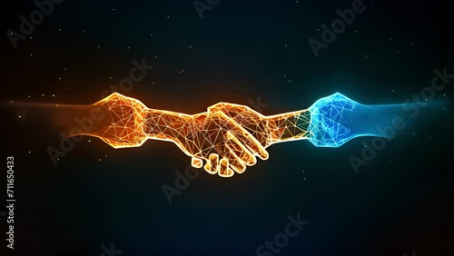 Businessperson shaking hand with digital partner over futuristic background. Artificial intelligence and machine learning process for 4th industrial revolution. photo