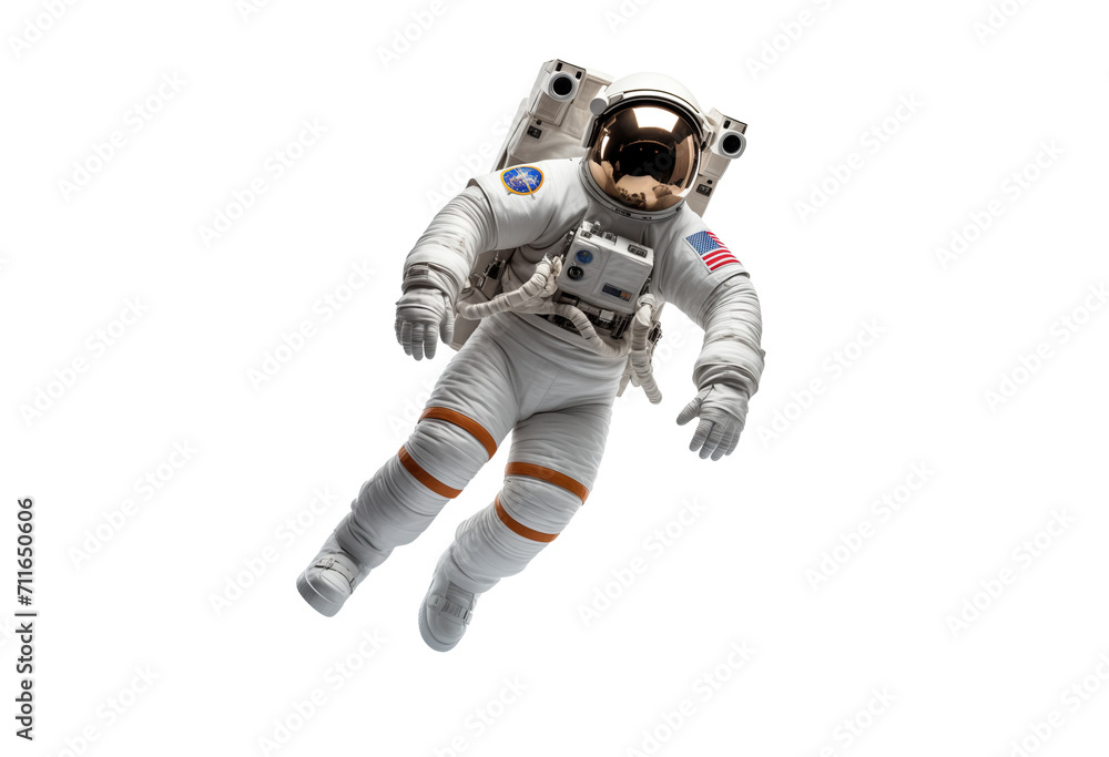 Astronaut in a white suit and american flag patch Floating in Zero Gravity space on transparent background Astronaut in a white suit and american flag patch Floating in Zero Gravity space on transparent background