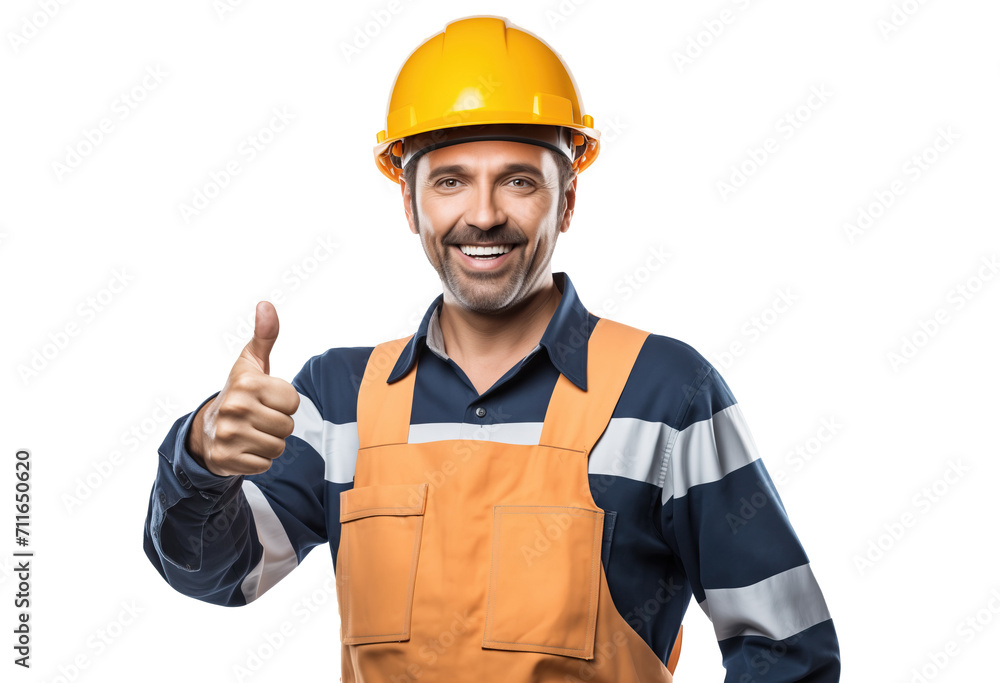 Cheerful construction worker in hard hat showing a thumb up at camera Cheerful construction worker in hard hat showing a thumb up at camera
