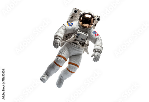 Astronaut in a white suit and american flag patch Floating in Zero Gravity space on transparent background
