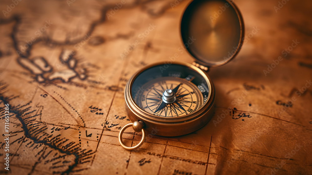 Old compass on vintage map, retro style, making a decision, choosing a direction. Suitable for travel and adventure-related designs.