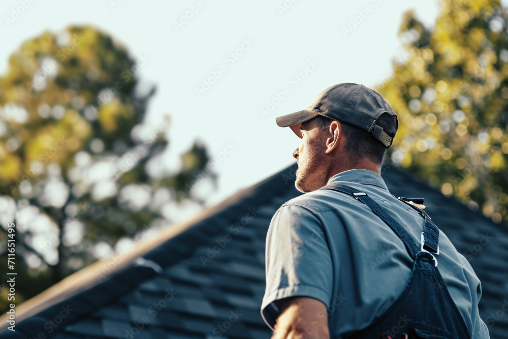Man in cap and backpack looking over a roof at dusk Man in cap and backpack looking over a roof at dusk