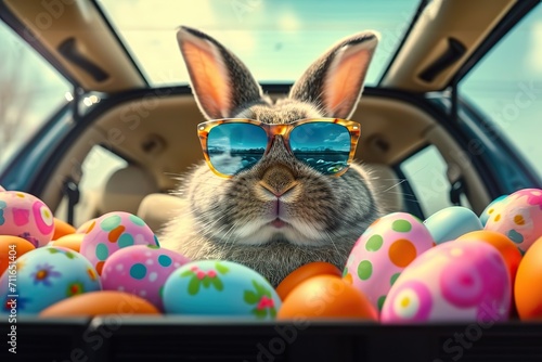 Hip Hoppin Easter Ride Funny Holiday Greeting Card with a Cool Bunny, Sunglasses, and Colorful Painted Easter Eggs Cruising in a Car. created with Generative AI