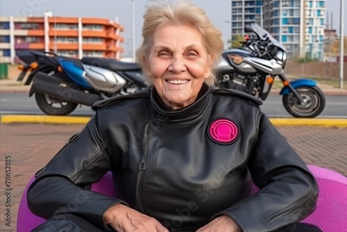 An elderly woman, a 70-year-old biker, in a black leather jacket, sits smiling and looking at the camera.