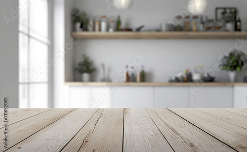 Wooden Light Table Top in a Sleek White Kitchen     Showcase for Product Advertising