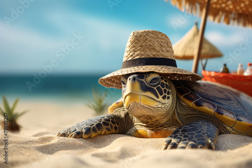 turtle in a straw hat sunbathing on the beach 