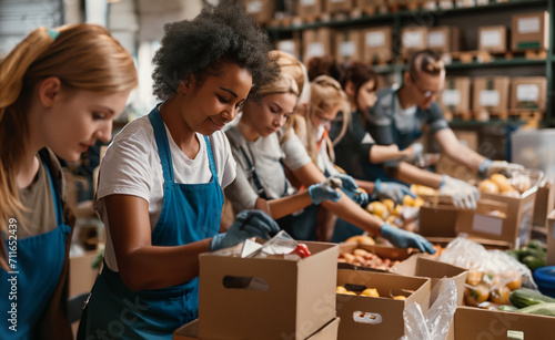Unrecognizable people volunteering at a local food bank photo