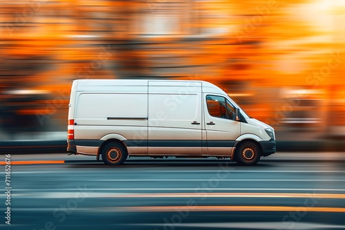A delivery Van driving High-Speed with a blurred background. © Nicole