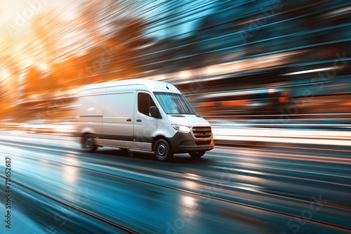 A delivery Van driving High-Speed with a blurred background.