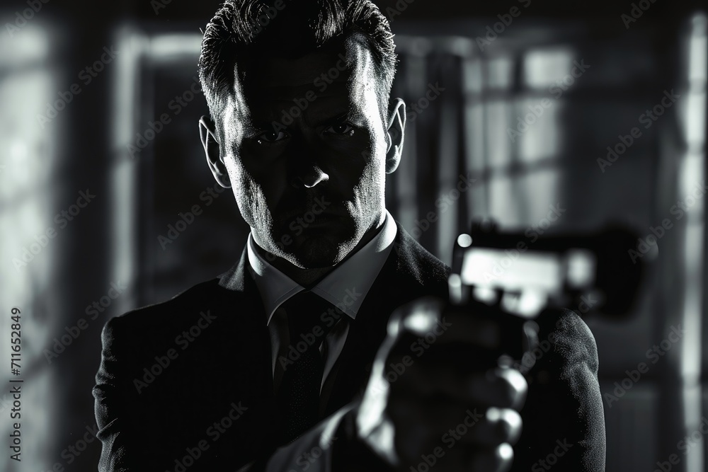 Ficitional secret agent with a weapon in his hand. - obrazy, fototapety, plakaty 