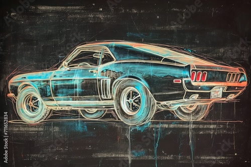 Chalk drawing of a muscle car on a blackboard.