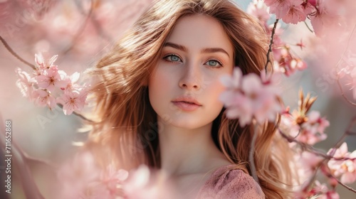 woman with loose locks, posing among cherry blossoms in a spring garden generative ai © ThisDesign