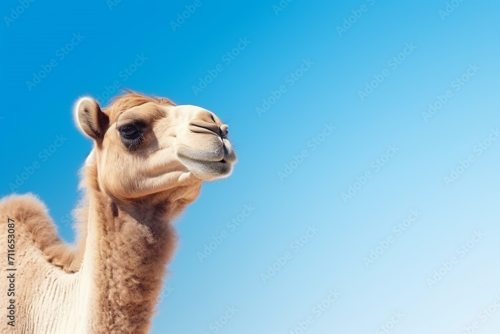 Obraz premium camel on blue background, copy space for text