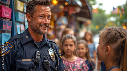 An evocative photo of a community-oriented policeman engaging with local residents at a neighborhood event, symbolizing the positive connections and partnerships forged in communit