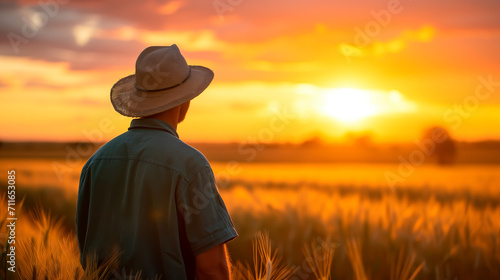 Farmer looking out over a wheat field at sunset, contemplating harvest. 