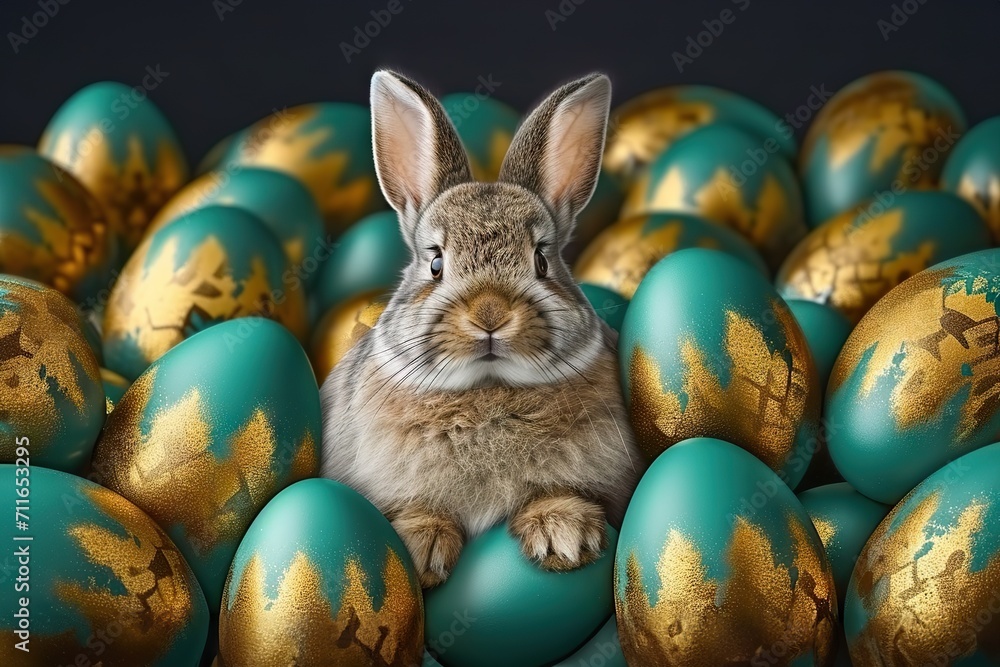 Joyful Bunny Basket Bonanza Funny Easter Concept Holiday Animal Celebration Greeting Card with a Cute Little Easter Bunny Rabbit, Sitting Amidst Many Colorful Painted Easter Eggs. Joyful Bunny Basket Bonanza Funny Easter Concept Holiday Animal Celebration Greeting Card with a Cute Little Easter Bunny Rabbit, Sitting Amidst Many Colorful Painted Easter Eggs.