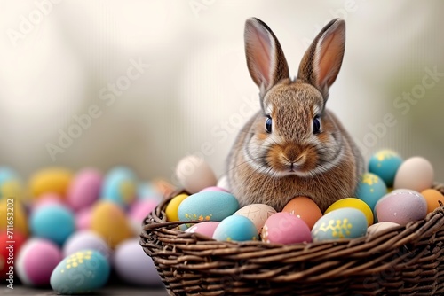Joyful Bunny Basket Bonanza Funny Easter Concept Holiday Animal Celebration Greeting Card with a Cute Little Easter Bunny Rabbit, Sitting Amidst Many Colorful Painted Easter Eggs.  © photobuay