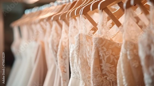 Beautiful elegant luxury bridal dress on hangers. Different wedding dresses hanging on hanger in bridal shop boutique salon. Closeup photo