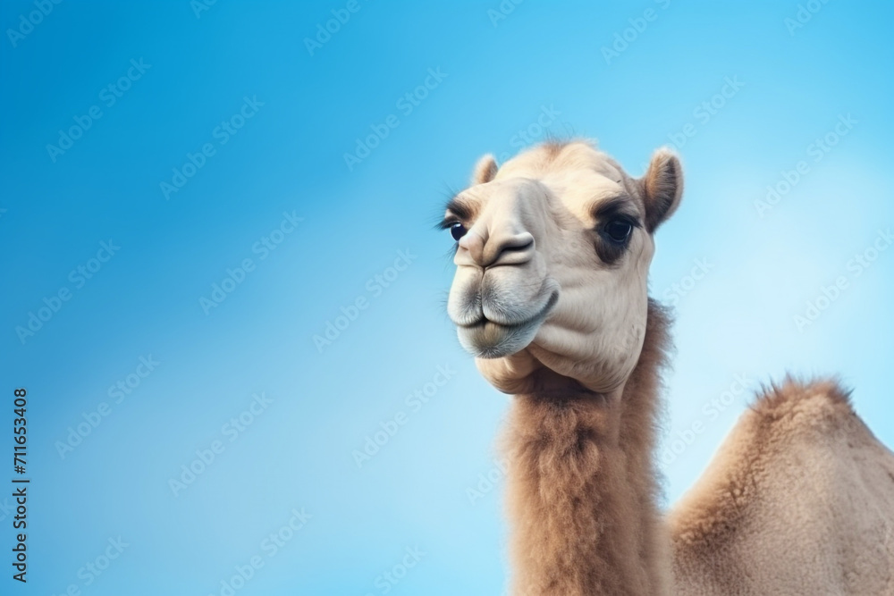 camel on blue background, copy space for text