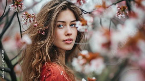 woman with loose locks, posing among cherry blossoms in a spring garden generative ai